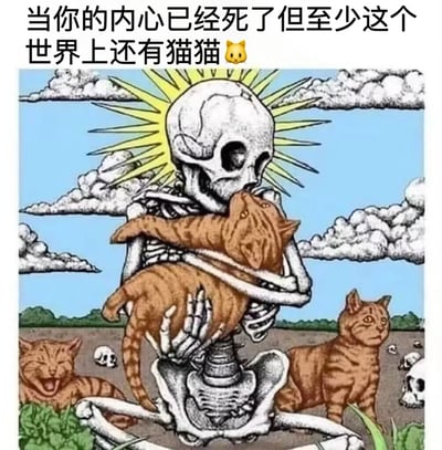 这是一幅卡通风格的静态插画，画面中心是一具坐在荒芜地面上的骷髅，它用骨节分明的手臂紧紧环抱着一只橘猫，橘猫也抬起前爪搂住骷髅的脖子，亲昵地蹭着骷髅的面部，姿态十分依赖。画面左下角的橘猫趴在地上，张着嘴露出开心的神情；右侧的橘猫站立在地面上，平静地望向前方。背景的地面上散落着几具小型骷髅头，远处是绿色的植被，上方是飘着云朵的蓝天。搭配图上方的文字，传递出人们在精神疲惫、内心麻木的低落状态下，猫咪成为了治愈心灵、支撑自己的温暖慰藉，用荒芜与温暖的对比，凸显猫咪带来的治愈力量。