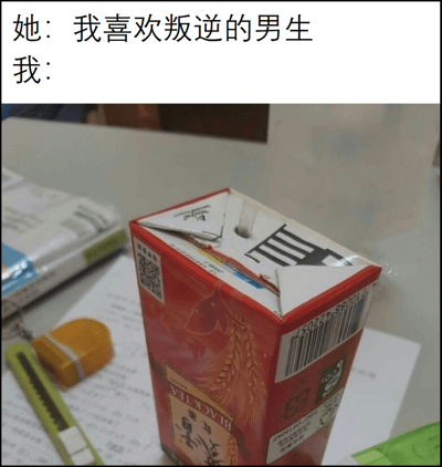 图片上半部分为对话文字：“她：我喜欢叛逆的男生 我：”，下半部分是一张实拍图，展示了一个红色牛奶盒，其顶部被折叠成类似中指的形状，通过视觉双关幽默地表现“我”对“喜欢叛逆男生”的回应——用折叠牛奶盒做出“叛逆”的手势。整体通过文字与实物结合，营造出搞笑调侃的效果。