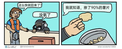 这是一幅由左右两格组成的连环卡通漫画。左格场景中，一位穿着橙色救生衣的人面露惊讶，向刚返回的潜水员发问：“这么快就回来了？”，戴着全套潜水装备的潜水员扶着边缘，回应道“没氧了”。右格则揭示了背后的真相：一只手拿着一片薯片状的食物，下方容器里装着大量同款食物，配文“我就知道，掺了90%的薯片”。漫画运用了“氧”与“洋（洋芋，即土豆，薯片的原料）”的谐音双关梗，将潜水员的氧气瓶替换为掺了大量薯片的容器，用荒诞的场景讽刺了以次充好、掺假造假的不良行为，制造出反差感十足的幽默效果。