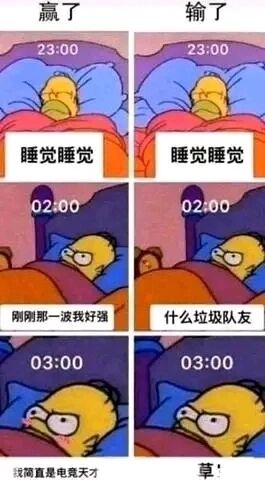 这是一组由《辛普森一家》角色霍默·辛普森的动画截图改编的连环图，共六张图分为“赢了”和“输了”两个平行分支，生动展现了游戏玩家在胜负后的不同睡前心态。在“赢了”分支中，23:00时霍默准备睡觉，02:00时仍在回味游戏操作并自我肯定“刚刚那一波我好强”，03:00时更是自我夸赞“我简直是电竞天才”；在“输了”分支中，23:00时霍默同样准备睡觉，02:00时却在吐槽队友“什么垃圾队友”，03:00时愤怒爆粗“草”，精准还原了游戏爱好者在游戏胜负后截然不同的睡前心理活动，引发游戏玩家的共鸣。