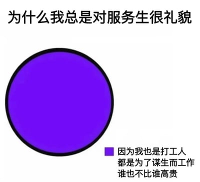 这是一张表达打工人同理心的梗图。图片背景为白色，顶部有黑色文字'为什么我总是对服务生很礼貌'，中间是一个醒目的紫色圆形图案，右下角配有文字'因为我也是打工人 都是为了谋生而工作 谁也不比谁高贵'。整体通过简洁的文字和图形，传达出职场中人与人之间平等尊重的观念，引发打工人群体的共鸣。