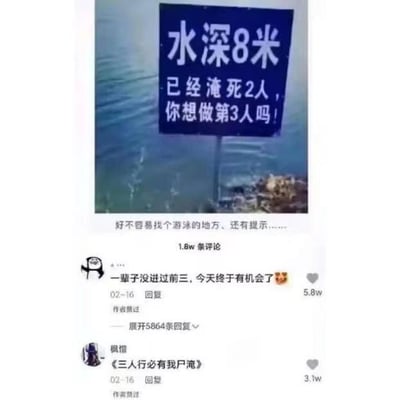这是一张抖音平台的社交媒体截图，上方是一块立在水边的蓝色警示牌，醒目地写着“水深8米 已经淹死2人，你想做第3人吗！”，配文调侃“好不容易找个游泳的地方、还有提示……”。下方是两条高赞搞笑评论：第一条评论用反差感玩梗，写道“一辈子没进过前三，今天终于有机会了”，将警示牌里的“成为第3个淹死的人”曲解为“进入前三”，获得5.8万点赞；第二条评论改编《论语》中的经典语句“三人行必有我师焉”，玩谐音梗改成“《三人行必有我尸淹》”，用“尸淹”谐音“师焉”，贴合警示牌的溺水主题，获得3.1万点赞。整体内容用戏谑的方式消解了警示牌的严肃感，通过反差和谐音梗制造出强烈的搞笑效果。