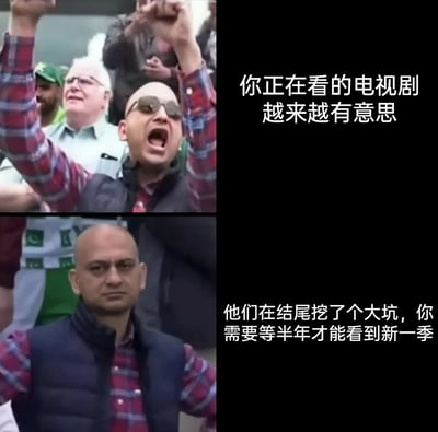 这是一张上下对比的图文梗图，上图中的光头男子戴着墨镜，高举双手、张嘴欢呼，搭配文字“你正在看的电视剧越来越有意思”，精准还原了观众被精彩剧情吸引时的兴奋状态；下图里该男子摘下墨镜，表情严肃、满脸失落，配文“他们在结尾挖了个大坑，你需要等半年才能看到新一季”，展现出观众看到剧作季终留悬念、还要长期等待续作的失落心情，通过前后强烈的情绪反差，调侃了追剧过程中从兴奋到无奈的落差感。