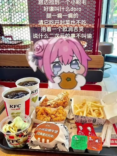 这是一张网友自制的P图改编梗图，在肯德基门店的餐桌场景上，拼贴了《蔚蓝档案》里粉发角色小鸟游星野（俗称doro）的Q版哭脸形象，角色正抱着类似橙子的面包啃食，上方配玩梗文字：“路边捡到一个小粉毛 好像叫什么doro 腿一瘸一瘸的 请它吃开封菜也不吃 抱着一个欧润吉哭 说什么二次元的事不叫偷”。
其中包含多处谐音与玩梗：“开封菜”是KFC的中文谐音，“欧润吉”是英文“orange”的谐音，“二次元的事不叫偷”则是调侃游戏里星野偷面包的剧情梗，用戏谑的方式将“偷”的行为用二次元名义合理化，制造搞笑反差。