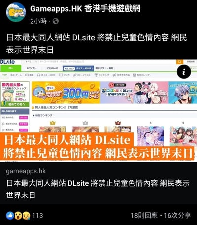 这是一张来自Facebook平台的社交媒体截图，由香港手机游戏网Gameapps.HK发布，内容聚焦日本知名同人作品交易平台DLsite的政策变动：该平台将禁止儿童色情类内容，此消息引发部分网民的强烈负面反应，称其为“世界末日”。截图中同时展示了DLsite的官方网站界面，包含网站的新人优惠活动、联动企划宣传、同人作品7日人气排行榜等板块，并且通过橙色背景的标题栏重复标注核心新闻内容，强化事件的传播度。
