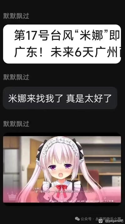 图片以黑色为背景，由多段文字和一张动漫截图拼接而成。上方文字模拟台风预警通知：“第17号台风‘米娜’即广东！未来6天广州...”，中间穿插“默默飘过”的分隔文字，随后出现“米娜来找我了 真是太好了”的调侃性回复。下方是动漫角色截图：粉色长发双马尾少女，身着女仆装，头戴白色发箍，紫色眼眸，表情惊讶，双手置于胸前，配文“（米娜）‘是…是你的…我…只允许你听的好色发情…声哦！’”。图片通过“米娜”这一名称的双重含义制造笑点——既指台风名称，又关联动漫/galgame中名为“米娜”的角色，形成谐音梗幽默。