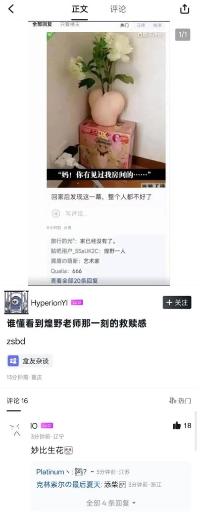 这张图是社交平台帖子截图，上方内容为一名用户分享自己回家后发现私藏的粉色桃形私密物品被家长误当作花瓶，插了白色花朵放在印有二次元画师煌野一人相关角色的包装盒上，配文“妈！你有见过我房间的……”，并配文案称“回家后发现这一幕，整个人都不好了”。下方是小黑盒平台用户发布的相关讨论帖，配文“谁懂看到煌野老师那一刻的救赎感”，评论区网友玩谐音梗评论“妙比生花”，整体是充满笑点的社死类二次元梗图。