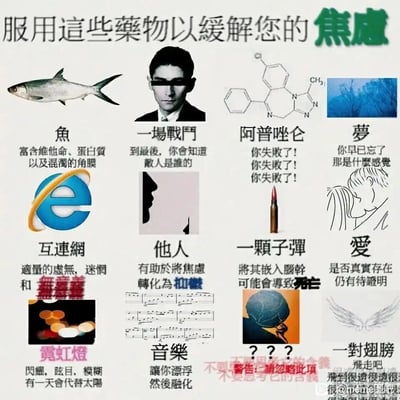 这是一张以“缓解焦虑的药物”为荒诞主题的图文混排meme图，共展示了12种被戏谑为“缓解焦虑药物”的事物，每个事物都搭配了充满黑色幽默与自嘲意味的文字描述，用反讽的方式呈现当代人在焦虑状态下的虚无、迷惘、对爱与意义的怀疑等复杂情绪。比如将互联网描述为“适量的虚无，迷惘和无意义”，将他人描述为“有助于将焦虑转化为抑郁”，将子弹描述为“嵌入脑干可能会导致死亡”，整体风格荒诞又戳中当代人的精神困境。其中还加入了真实的抗焦虑药物阿普唑仑，但用“你失败了”的反讽文字强化焦虑感，同时加入卡夫卡的肖像、音乐、霓虹灯等元素，进一步渲染迷茫的氛围。