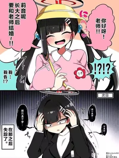 这是一张基于游戏《蔚蓝档案》角色莉音创作的同人连环梗图，分为上下两个画面：上半部分是幼年的莉音戴着黄色帽子、扎着双马尾，满脸通红兴奋地向老师打招呼，还大声宣告“长大之后要和老师结婚”，旁边的人发出惊讶的呼喊，老师则是一脸震惊；下半部分是次日的成年莉音，双手抱头，眼神空洞慌乱，嘴里反复念叨“那只是个梦…”“不是的…”，画面旁的文字标注“在那之后失踪了”，通过幼年的大胆发言和成年的社死崩溃形成强烈反差，制造出搞笑又社死的喜剧效果。