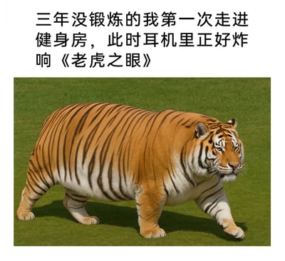 这是一则充满自嘲趣味的图文内容，上方配文描述了“三年没锻炼后第一次走进健身房，耳机里响起励志歌曲《老虎之眼》”的场景，下方搭配一张AI生成的肥胖老虎图像。这只老虎身材极度臃肿，四肢短小，正缓慢地在草地上行走，眼神带着疲惫又倔强的神态，精准地将长期不锻炼后自身虚弱的状态，与歌曲里象征力量、斗志的老虎形成强烈反差，用幽默的方式调侃了健身初期的心理落差与身体状态的违和感，引发有相似经历的网友共鸣。
