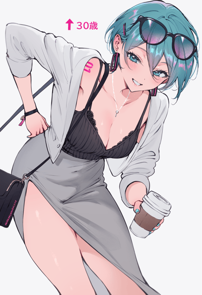 这是一幅以VOCALOID经典角色初音未来为原型的二次创作插画，设定为30岁的成熟版本。图中的初音未来留着利落的蓝灰色短发，黑框墨镜架在头顶，身穿浅灰色开衫内搭黑色蕾丝吊带，搭配高开叉灰色包臀裙，手持外带咖啡杯，单手叉腰身体前倾，姿态随性又充满都市女性的自信。她佩戴着几何造型耳饰与细项链，左上手臂有粉色的“01”纹身，脸上带着俏皮的笑容，图上方的粉色日文“↑30歳”明确标注了这个版本的年龄，整体风格和原作的少女感形成强烈反差，展现出角色的另一种魅力。