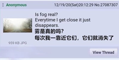 这是一张匿名论坛帖子的截图，发布于2020年12月19日。帖子左侧配有一张雾中道路的照片，右侧为中英文对照文本：'Is fog real? Everytime I get close it just disappears. 雾是真的吗？每次我一靠近它们，它们就消失了'。截图底部显示文件大小为959 KB JPG，并带有'View Thread'查看主题按钮。整体内容表现了用户对雾这一自然现象的困惑，因靠近时雾会消散而产生'雾是否真实存在'的疑问。