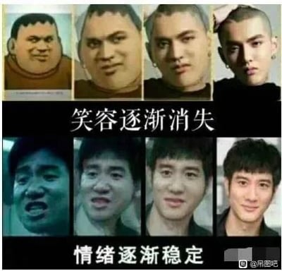这是一张上下对比的多图拼接P图，整体为横版静态图。上排由四张图拼接而成，从左到右是《哆啦A梦》中的卡通角色胖虎的脸，通过渐变P图逐步过渡为明星吴亦凡的脸，上方配文“笑容逐渐消失”，视觉上呈现出从滑稽咧嘴笑到严肃冷漠的表情转变；下排同样由四张图拼接，从左到右是表情激动扭曲的人脸，渐变过渡为明星王力宏的脸，下方配文“情绪逐渐稳定”，呈现出从烦躁失态到平和微笑的情绪转变。整张图利用人脸渐变的创意，以夸张的视觉效果调侃两种极端的情绪变化过程，属于搞笑的网络梗图。