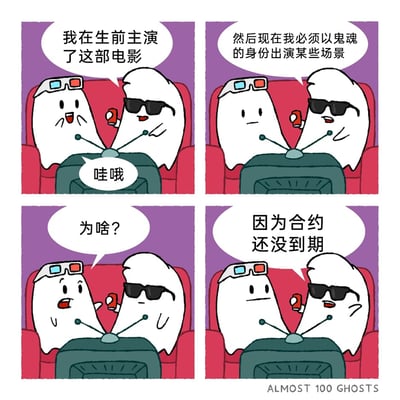 这是一幅四格连环卡通漫画，场景设定在电影院中，两个鬼魂坐在红色座椅上观影。戴墨镜的鬼魂向戴3D眼镜的鬼魂分享自己的经历：自己生前主演了正在观看的这部电影，如今即便变成鬼魂，也必须以鬼魂的身份出演影片的某些场景。在对方的追问下，它给出的原因是生前签署的演艺合约还没有到期。漫画用荒诞的鬼魂设定，以黑色幽默的方式讽刺了现实职场中合约束缚、身不由己的无奈处境，将职场人的被动处境通过奇幻的设定夸张地表现出来，充满趣味性和讽刺意味。