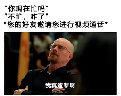 这张梗图上方是三段对话文字："你现在忙吗"、"不忙，咋了"、"*您的好友邀请您进行视频通话*"。下方是《绝命毒师》主角沃尔特·怀特仰头闭眼、表情痛苦的经典剧照，图片底部配有文字"我真造孽啊"。图片通过将日常社交场景与电视剧角色的夸张表情结合，幽默地表达了刚说自己不忙就收到视频通话邀请的懊悔与崩溃心情。