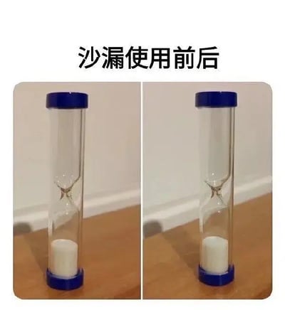 这张图片分为左右两部分，上面文字写着“沙漏使用前后”。两张图其实是一模一样的沙漏，沙子都在底部，没有发生任何变化。整幅图通过对比“使用前”和“使用后”实际上没有区别，产生了一种无厘头的幽默效果，看似有用，实则毫无改变，有点像调侃那些“形式主义”、“无效努力”的场景。

**双关梗：**图片用夸张的对比手法，讽刺了实际没有作用的行为或者“使用前后无区别”的尴尬场面，此处蕴含了幽默和反讽。