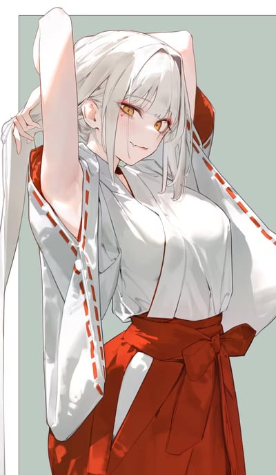 这是一幅AI生成的二次元竖版插画，画面主体是一位白发金瞳的少女，身着红白配色的日式巫女风格服饰。少女双手举过头顶，正抬手束起自己的长发，眼角带有独特的心形泪痣，脸颊泛红，嘴角勾起俏皮的笑意，姿态慵懒又带着一丝魅惑感。整体画风细腻柔和，色彩搭配清新舒适，画面带有浅灰色边框，视觉效果精致动人。