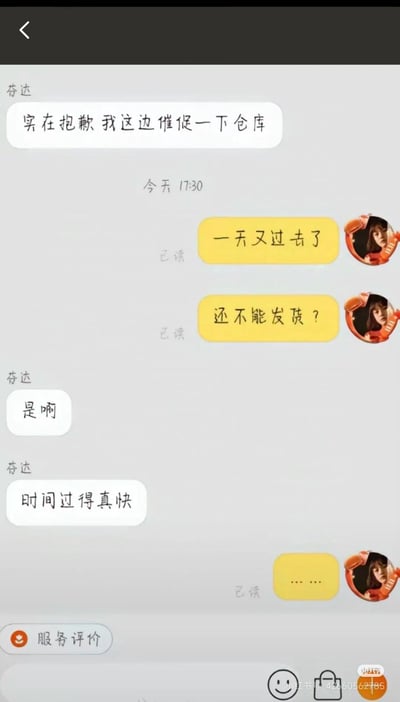 这是一段用户与名为“芬达”的客服的聊天记录截图，用户因购买的商品迟迟未发货进行催促，此前客服曾表示会催促仓库。到当日17:30，用户感慨一天过去，询问是否仍无法发货，客服却回复“是啊”还附带一句“时间过得真快”，完全没回应用户的发货诉求，让用户陷入无语，只能用省略号回应，对话尽显用户的无奈与客服的不走心，充满搞笑又扎心的反差感。