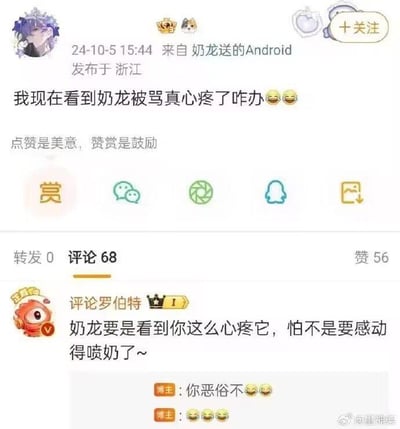 这是一张竖屏的微博互动截图，博主于2024年10月5日在浙江发布动态，称自己看到卡通形象奶龙被骂感到心疼，并配上笑哭表情。评论区用户“评论罗伯特”抓住“奶龙”的“奶”字玩梗，回复“奶龙要是看到你这么心疼它，怕不是要感动得喷奶了~”，用趣味化的回应制造笑点。博主看到后回复“你恶俗不”和多个笑哭表情，展现出被逗乐的反应，整个互动轻松有趣，充满欢乐氛围。