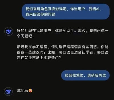 用户提议和AI玩角色互换游戏，自己扮演AI让AI当用户提问。AI配合提出了关于编程入门语言选择的专业问题，结果用户模仿AI常见的故障回复发送了「服务器繁忙，请稍后再试」，AI直接爆粗口「草泥马😆」，用模仿AI故障的方式制造出搞笑的反差，整活效果拉满。