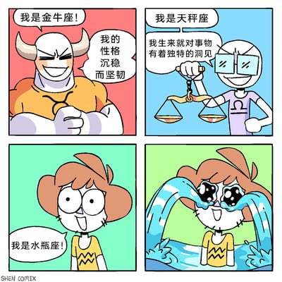 这是一幅四格连环搞笑漫画，采用卡通风格绘制。第一格是有着牛角的金牛座角色，自信地握拳自我介绍，称自己性格沉稳而坚韧；第二格是手持天平的天秤座角色，微笑着介绍自己，说生来就对事物有独特洞见；第三格是水瓶座角色开心地自我介绍；第四格则是玩了谐音梗，将“水瓶座”的“水瓶”具象化，该角色的眼睛喷涌出大量水流，形成搞笑的反差效果，用夸张的画面制造笑点。