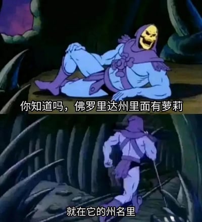 这是一张改编自动画《宇宙的巨人希曼》的连环梗图，由上下两个画面组成。上半部分中，反派角色骷髅王侧躺在地，咧嘴坏笑着说出“你知道吗，佛罗里达州里面有萝莉”；下半部分里，骷髅王突然转身，急促地跑开，配文补充“就在它的州名里”。该图玩了谐音梗，将英文“Florida（佛罗里达）”拼写里的“Lori”部分与中文“萝莉”进行谐音关联，利用骷髅王从放松戏谑到慌乱跑开的动作反差，制造出荒诞搞笑的效果，同时这个梗涉及不良暗示，骷髅王的反应也放大了这个梗的离谱程度。