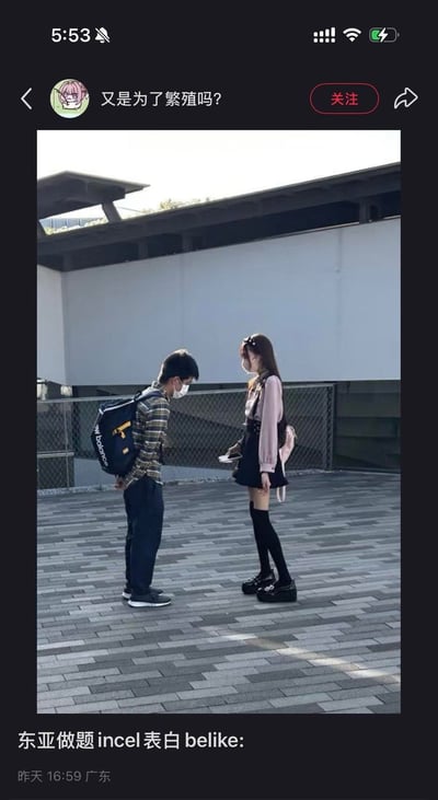 这是一张小红书平台的社交媒体截图，图中展示了一个背着New Balance背包、穿着格子衫的男生，弯腰低头，姿态拘谨地面对着一位穿着JK风格穿搭、背着粉色小背包的女生，两人都戴着口罩，似乎在进行对话。配文“东亚做题incel表白belike:”结合博主昵称“又是为了繁殖吗？”，用incel（非自愿独身者，常带有对两性关系消极偏执看法的群体）的网络热梗，调侃这类被贴上“做题家”标签的男生在向女生表达心意时卑微、局促的状态，以夸张的姿态讽刺相关刻板印象。