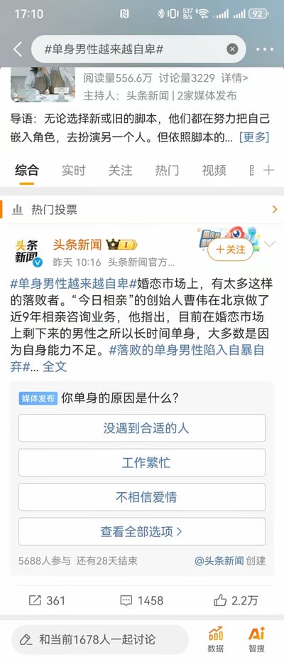这是今日头条平台上的#单身男性越来越自卑#话题页面截图，话题阅读量达556.6万，讨论量3229，由头条新闻主持。页面中头条新闻官方账号发布了相关内容，引用从业9年的相亲咨询创始人曹伟的观点，称婚恋市场中长时间单身的男性大多因自身能力不足，还发起了「你单身的原因是什么？」的投票，提供了「没遇到合适的人」「工作繁忙」「不相信爱情」等选项，已有5688人参与，投票还有28天结束。该内容的互动数据为361次转发、1458条评论、2.2万次点赞，当前有1678人正在参与讨论。