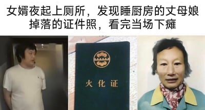 图片为典型的社交媒体点击诱饵内容，上方配有耸动标题'女婿夜起上厕所，发现睡厨房的丈母娘掉落的证件照，看完当场下瘫'，下方横向拼接三张图片：左侧为一名穿着白色T恤的男子站在门口，表情惊讶；中间是一本绿色封面的'火化证'；右侧为一位老年女性的照片。整体通过虚构的惊悚家庭场景吸引用户注意力，内容缺乏真实性，属于网络编造的段子类图文。