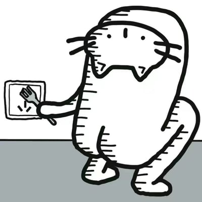 一张黑白线稿风格的卡通图，描绘了一只戴着帽子、身体圆润且带有条纹的猫咪形象。猫咪正用右手（前爪）拿着一把叉子，小心翼翼地伸向墙上的电源插座，似乎准备用叉子触碰插座孔。整体画风简洁夸张，猫咪的表情略显困惑，动作荒诞又带点好奇，营造出一种幽默的视觉效果。