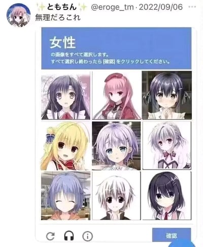 这是一张来自推特（X）的社交媒体截图，发布于2022年9月6日。截图主体是一个设计刁钻的人机验证界面，界面上方的日文提示翻译为“请选择所有女性的图像。全部选择完成后请点击【确认】”。界面内展示了9个二次元风格的角色，其中8个为女性角色，而第三行中间的白发角色是外观高度女性化的男性伪娘，其形象与其他女性角色几乎没有明显差异，让用户很难准确区分完成验证。截图顶部是发布者“ともちん”的吐槽文字“这根本做不到啊”，精准表达了对这个反常识验证题的无奈。验证界面底部设有刷新、语音提示、信息三个功能按钮，以及右下角的确认按钮。