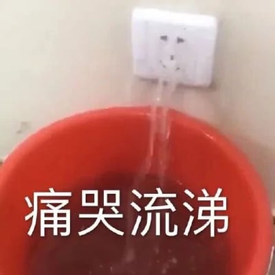 这是一张经过P图改编的搞笑静态图，画面展示了一个安装在浅色墙壁上的白色插座，被修改成正在向下流出水的状态，水流正下方放置着一个红色的塑料桶来承接，图片的下方配有醒目的白色文字‘痛哭流涕’。创作者利用视觉错觉和拟人化的创意，将插座出水的场景和文字结合，把插座拟人化，仿佛它正在‘痛哭流涕’，以荒诞幽默的方式来表达悲伤、崩溃的负面情绪，适合作为表情包来传递这类情绪。