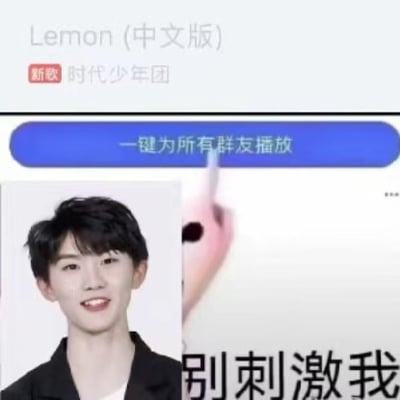 这张梗图结合了微信群聊播放音乐的截图与热门表情包元素。画面上方展示了“Lemon（中文版）”和“时代少年团”的音乐曲目，下方拼贴着表情包人物以及大字“别刺激我”。整体透露出一种被群友音乐轰炸后无奈、烦躁又搞笑的感觉，适合用来表达被群聊刷屏或音乐影响情绪的场景。文字“别刺激我”带有一种自嘲与无奈的青年网络语言风格。

暗示：没有明显的谐音梗或双关，但利用了表情包拼贴和二创的幽默感。