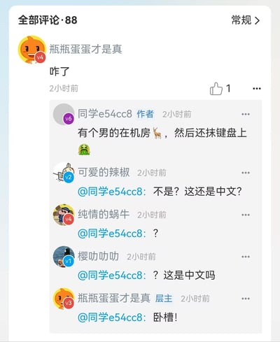 这是一张社交媒体评论区的截图，显示了一个由奇怪评论引发的讨论。用户"同学e54cc8"发布了一条令人困惑的评论："有个男的在机房🦌，然后还抹键盘上"，其中包含了一个鹿的emoji，引发其他用户质疑"这还是中文吗"。评论区充满了困惑和疑问，最后以"卧槽！"的感叹结束。
