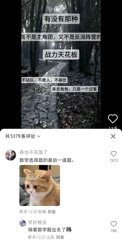 这是一张社交媒体截图，背景是一条雾气弥漫的森林小路，上面叠加文字提问："有没有那种既不是主角团，又不是反派阵营的战力天花板，不站队，不救人，不祸世，来去匆匆，只是一个过客"。下方显示评论区，热门评论将这种角色比喻为"数学选择题的最后一道题"，并配有一只头上有花朵特效的疑惑橘猫图片。