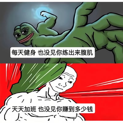 这是一张上下对比的双格梗图。上半部分是肌肉发达的绿色悲伤蛙(Pepe)，表情得意地展示手臂肌肉，配文"每天健身 也没见你练出来腹肌"；下半部分是一个白色光头人物形象，背景为红色，配文"天天加班 也没见你赚到多少钱"。图片通过对比健身和加班两种场景，用幽默方式讽刺了投入与回报不成正比的现象。