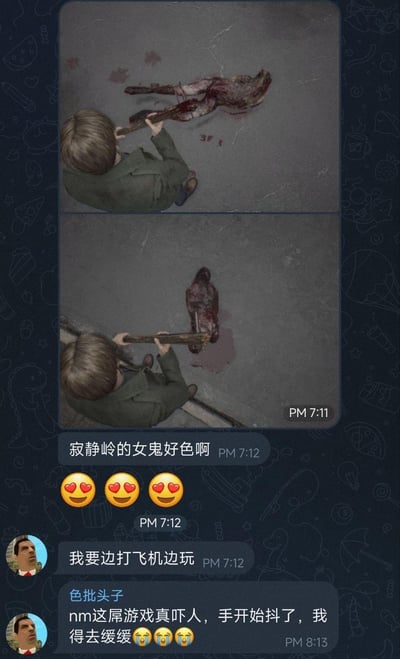 这是一张玩家自制的聊天记录梗图，上方是两张《寂静岭2》重制版的游戏截图，展示主角詹姆斯用武器攻击怪物的画面；下方聊天对话里，玩家先玩梗发言“寂静岭的女鬼好色啊”并发送花痴表情，接着放话“我要边打飞机边玩”，被对方吐槽“色批头子”，随后立刻反转，玩家表示“nm这屌游戏真吓人，手开始抖了，我得去缓缓”，配上惊恐表情，形成嘴上嚣张、实际胆小的搞笑反差，调侃了恐怖游戏玩家嘴硬又害怕的真实状态。