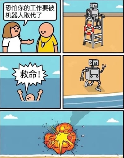 这是一组连环漫画，共五个 panel。第一格中，棕色头发女性对穿黄色救生衣的光头救生员说：“恐怕你的工作要被机器人取代了”；第二格展示机器人站在带救生圈的救生塔上；第三格有人在海中溺水，双手高举喊“救命!”；第四格机器人正跑向海边；第五格海中发生巨大爆炸，火光冲天。漫画通过机器人救生员在紧急情况下造成爆炸的荒诞情节，幽默讽刺了“机器人能完美取代人类工作”的观点，暗示技术替代需考虑实际场景适应性。