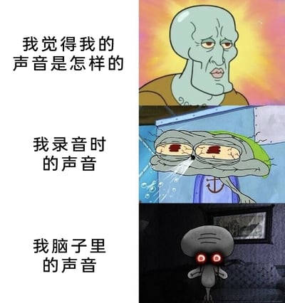 这是一张由三格图像拼接而成的图文梗图，通过《海绵宝宝》中章鱼哥的三种不同形象，精准调侃人们对自己声音的三种认知反差：第一格是帅气自信的章鱼哥，对应人们心中自我认知里好听、从容的自己的声音；第二格是眼睛爆裂、喷水崩溃的章鱼哥，对应人们听到自己录音时，因声音和预期差距大而产生的震惊、难以接受的情绪；第三格是暗黑红眼的诡异章鱼哥，对应人们脑子里想象的独特、有个性的声音，戳中了很多人在声音认知上的普遍共鸣。