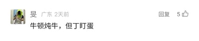 这是一张社交媒体平台的评论截图，来自广东的用户“旻”在2天前发布了一条评论，内容为“牛顿炖牛，但丁盯蛋”，该评论获得了5个点赞，界面还提供了回复功能。评论内容运用了谐音梗，“牛顿炖牛”谐音“牛顿定律”，将物理学家牛顿的名字与烹饪牛肉的表述结合；“但丁盯蛋”谐音“定睛一看”，把文学家但丁的名字与“盯着蛋”的表述结合，通过这种无厘头的谐音结合制造出搞笑的效果。截图左上角是该用户的头像，头像中的人物戴着荧光绿色的头套，双手抬起放在脸前。
