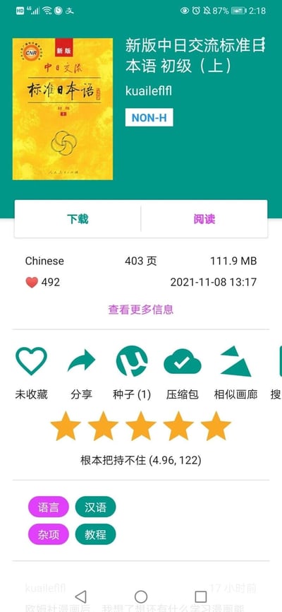 这是一张竖屏手机端的电子书资源平台截图，展示了日语入门经典教材《新版中日交流标准日本语 初级（上）》的电子资源详情。页面顶部左侧是教材的黄色封面，右侧标注书名、上传者ID“kuaileflfl”；下方设有“下载”“阅读”两个核心操作按钮；接着呈现资源的基础信息：语言为中文，共403页，文件大小111.9MB，获492个点赞，发布时间为2021年11月8日13:17；还有“查看更多信息”的入口，以及未收藏、分享、种子、压缩包、相似画廊等功能按钮；底部显示该资源的用户评分为4.96分（122人参与评价），并标注了“语言、汉语、杂项、教程”相关标签，整体是一个为日语学习者提供教材获取渠道的资源展示页面。