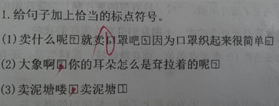 这是一张小学语文作业的实拍照片，作业题型为给句子添加恰当的标点符号，句子里印有的方框是供学生填写标点的指定位置。第一句“卖什么呢□就卖口罩吧□因为口罩织起来很简单□”中的“口罩”的“口”字因外形方正，被学生误认为是需要填写标点的填空框，学生还在“口”字内部填写了标点符号，老师批改作业时用红笔将这个被误认的“口”字圈出，是非常搞笑的做题失误。