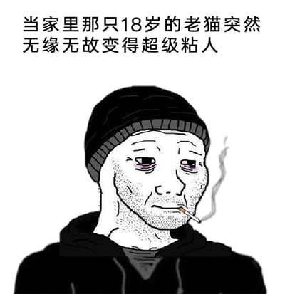 这是一张使用Doomer Wojak（末日沃克）卡通形象制作的情感共鸣类梗图，顶部配文“当家里那只18岁的老猫突然无缘无故变得超级粘人”。图中的卡通人物双眼布满血丝、眼圈发紫，神情憔悴悲伤，嘴叼着冒烟的香烟，精准地诠释出铲屎官面对高龄猫咪突然粘人时的复杂心境：猫咪18岁已属超高龄，突然异常粘人的行为往往是它感知到自己时日无多，在与主人做最后的亲近告别，铲屎官因此陷入悲伤、无奈却又强压情绪的状态，戳中了养宠人群面对宠物衰老与离别时的痛点。