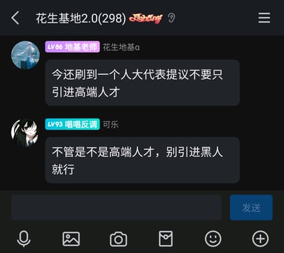 这是一张名为“花生基地2.0(298)”的即时通讯群聊截图，群成员“地基老师（花生地基α）”在群内分享自己刷到的资讯，提到有人大代表提议不要只引进高端人才；另一位群成员“可乐（唱唱反调）”随即发表了带有偏见的言论，表示不管是不是高端人才，别引进黑人就行。界面中展示了两位成员的等级标识、头像以及对应的发言内容，底部是聊天输入栏和相关功能按钮，整体为深色模式的聊天界面。