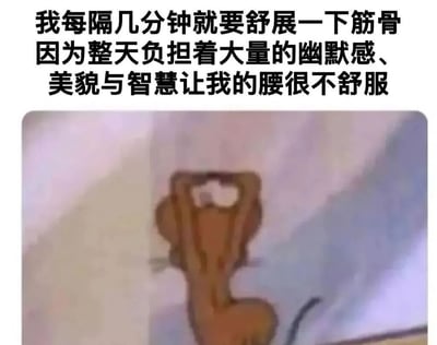 图片上方是黑色文字："我每隔几分钟就要舒展一下筋骨因为整天负担着大量的幽默感、美貌与智慧让我的腰很不舒服"，下方是一只正在伸展身体的猫的照片。这是一张幽默自嘲的图片，通过夸张的方式表达自己拥有太多优点（幽默感、美貌、智慧）而感到