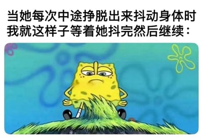 这是一张使用《海绵宝宝》动画截图制作的搞笑meme。图片上方配有文字："当她每次中途挣脱出来抖动身体时 我就这样子等着她抖完然后继续："，下方是海绵宝宝双手叉腰、表情无奈地站立着的画面。整体通过海绵宝宝的无奈表情与文字内容形成幽默对比，表达一种面对反复中断行为的耐心等待状态。
