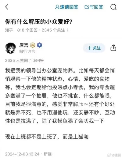 这是一张知乎回答的截图，展示了用户“唐言”对“你有什么解压的小众爱好？”问题的幽默回答。内容以“把领导当办公室宠物养”为核心，描述了观察领导精神状态、投喂零食等行为，调侃领导“养不死、不用遛、安静不吵”，并将上班比作“上猫咖”，以此缓解工作压力。回答获得2635人赞同，发布于2024年12月3日新疆地区。