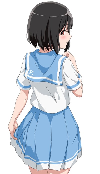 图中是一位留着黑色短发的二次元少女，身穿蓝白配色的短袖水手服，水手服的领部带有白色字母“K”的标识。少女背对着镜头，侧脸回眸，一只手轻搭在肩侧，另一只手轻轻提起裙摆，脸颊带着淡淡的红晕，表情羞涩柔和。画面为透明背景，整体风格清新治愈，充满校园青春感。