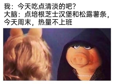 这是一张贴合当代人生活心态的搞笑网络梗图，上方的文字构建了一段内心对话：代表理智的“我”提出要吃清淡食物，代表欲望的“大脑”却用“周末热量不上班”的有趣理由，怂恿自己选择培根芝士汉堡、松露薯条这类高热量美食；下方的配图使用了《大青蛙布偶秀》里的猪小姐形象，一个是正常金发造型背对镜头，另一个是戴着深色兜帽、表情狡黠的造型，用两个角色的对立来具象化人们在周末时，理智与放纵饮食欲望之间的拉扯，幽默地戳中了很多人在饮食自律上的日常矛盾，引发共鸣。