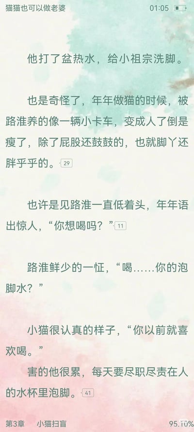 这是奇幻甜宠网文《猫猫也可以做老婆》第三章「小猫扫盲」的内容截图，讲述路淮给猫变人的年年洗脚的日常：年年做猫时被路淮养得圆滚滚像小卡车，变人后瘦了只剩屁股和脚丫还胖乎乎。年年突然语出惊人问路淮要不要喝她的泡脚水，还认真表示路淮以前就喜欢喝，原来年年做猫时总在路淮的水杯里“泡脚”，路淮喝的其实是它的“洗脚水”，这段用猫的视角制造的反差对话，沙雕又搞笑，充满甜宠日常的趣味。